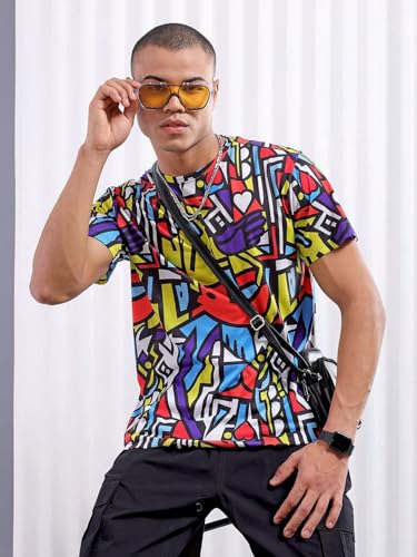 Image of The Indian Garage Co Men Slim Fit Abstract Printed Round Neck Tshirt