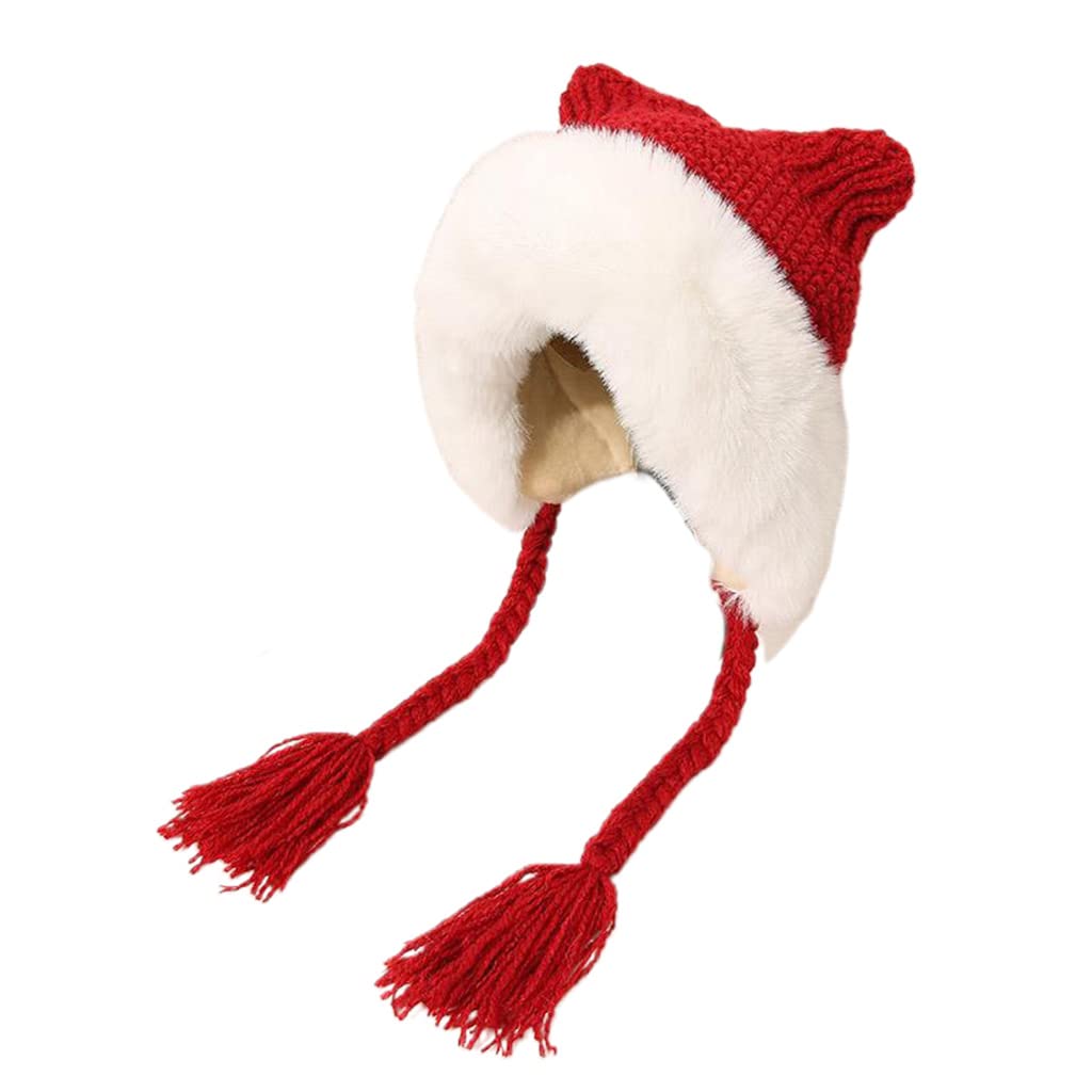 Lovely for Cat Ear Hat Braid Plush Lei Hat Winter Hat Both for Women Men Earmuffs Thick Warm Cold Red