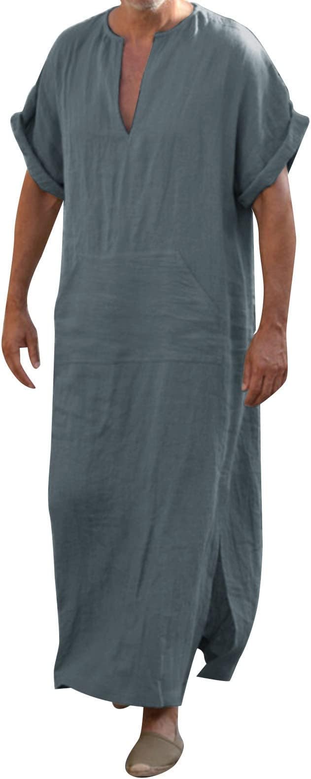 Cotton Linen Kaftan Thobe for Men Short Sleeve V Neck Muslim Robe Casual Loose Lightweight Summer Beach Shirts Long Gown, S-5XL