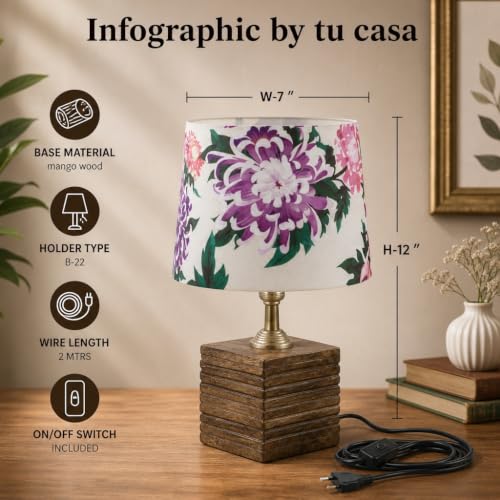 Image of tu casa Wooden Table Lamp | Carnation Shade | Bedroom Decor ! Living Room