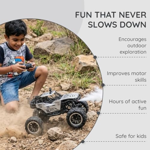 Image of Offroader Rock Crawler - Rechargeable Remote Control Car Toy with LED Smoke Effect and Anti-Slip Tyres| 1:18 Scale | Off-Road RC 2WD Monster Truck Gift for Kids Boys and Girls Age 4-12+ (Black)
