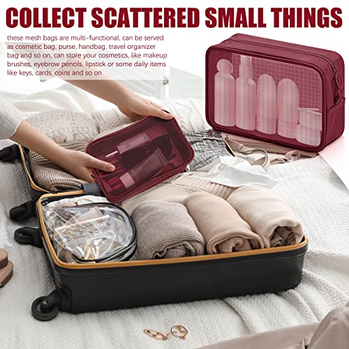 Image of MAYCREATE 4Pcs Zipper Pouches Combo 4 Sizes Mesh Zipper Pouches Makeup Stylish Burgundy Red Cosmetic Bags Cash Bags Nylon Mesh Accessories Organizer