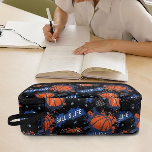 Image of Kids Pencil Case Basketball Print Pencil Pouch for Boys 6-8 Years Lightweight Large Capacity Pen Bags with Mesh Pocket for School