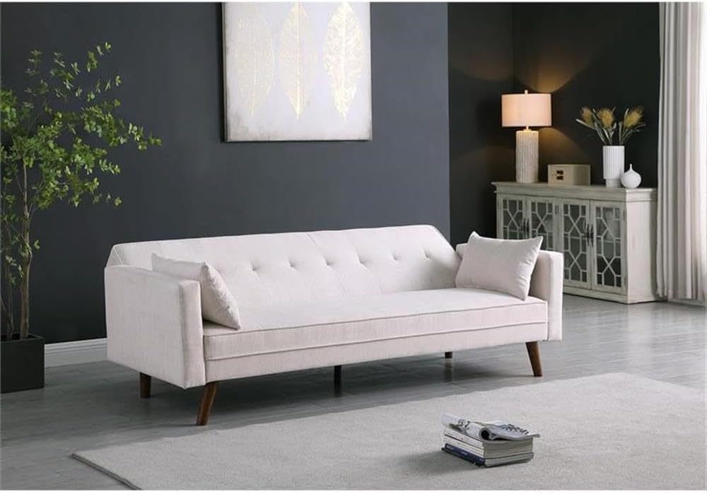 Pemberly Row Convertible Sleeper Sofa, Beige Chenille Upholstery, 84 x 32.5 x 33.5 in, Tufted Back, Foam Filled Cushions, Track Arm Design, Includes Pillows, Modern Futon for Living Room or Guest Room