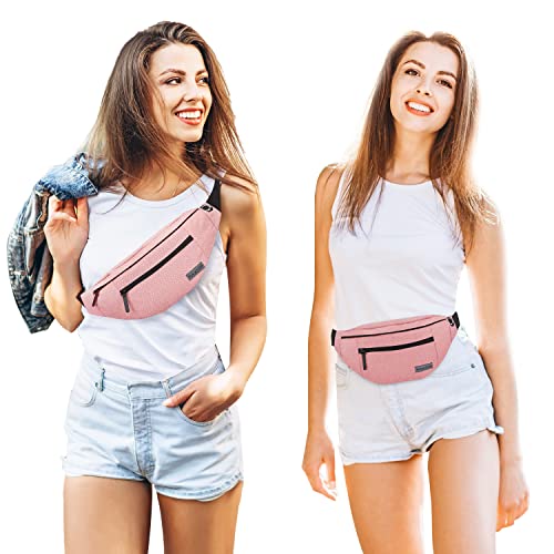 Image of Large Pink Fanny Pack Cross Body Belt Bag with 4-Zipper Pockets Adjustable Straps Waist for Women Girl,Gifts for Enjoy Festival Sports Yoga Workout Traveling Running Casual Hands-Free Wallets
