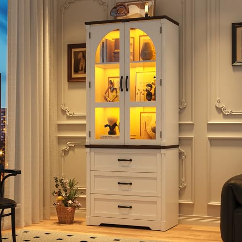 Image of 75 inch Tall Farmhouse Kitchen Pantry Cabinet with LED Lights,Wood Storage Cabinet w Arched Glass Doors /Drawers,Pantry Organizers and Storage,Rustic Wood Cupboard for Kitchen,Dining Room(White)