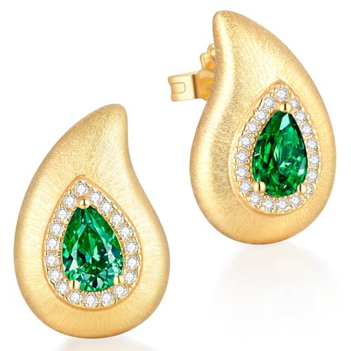 LEONIDS 14K Gold Teardrop Earrings for Women | Moissanite or Lab-Grown Emerald Stud Earrings with Hairline Detailing Non Tarnish | Birthday Jewelry Gifts for Her