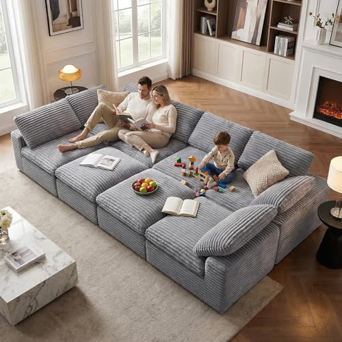 KKL 150\" Sectional Modular Boneless Sofa Bed, 8 Seater Oversized Cloud Couch with Ottoman, Corduroy Sectional Couches for Living Room Bedroom, Grey