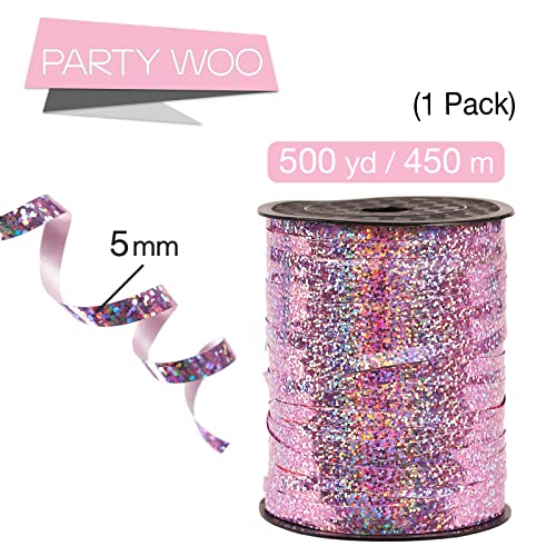 Image of PartyWoo Pink Curling Ribbon, 500 Yard for Crafts, Balloons, Gift Wrapping - Iridescent Crimped, Shiny Metallic, Florist Flower String (1 Roll)