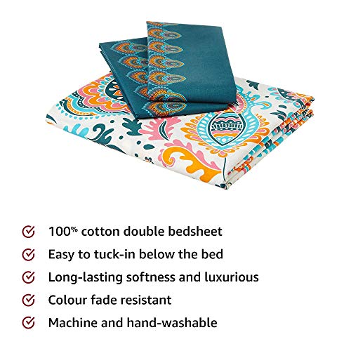 Image of Amazon Brand - Solimo Microfibre Reversible Comforter, Double (Sky Blue & Taupe Grey, 200 GSM) Paisley Preen 144 TC Double Bedsheet with 2 Pillow Covers, Green and Orange