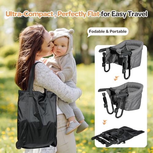 Image of Ezebaby Hook on High Chairs, Secure Clip on High Chair for Baby, Compact Fold-Flat for Easy Storage, Fast Table Chair with Baby Seat, Portable Highchair Attaches to Table for Travel, Grey, with Tray