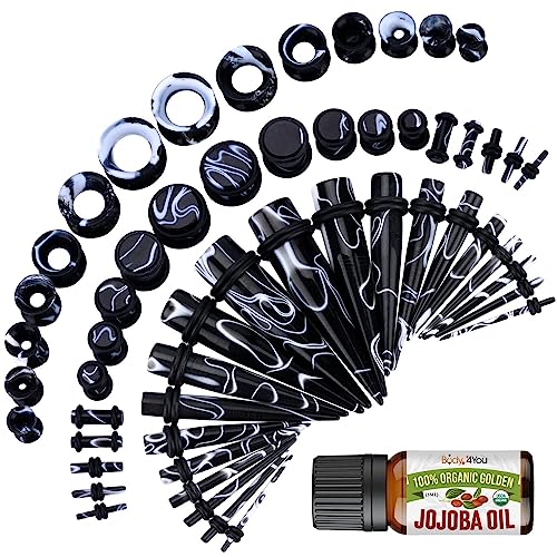 BodyJ4You 48PC Ear Stretching Kit - 14G-00G Beginner Gauges - Aftercare Jojoba Oil - Multicolor Marble Acrylic Plugs Tapers Silicone Tunnels - Lightweight Expanders Men Women