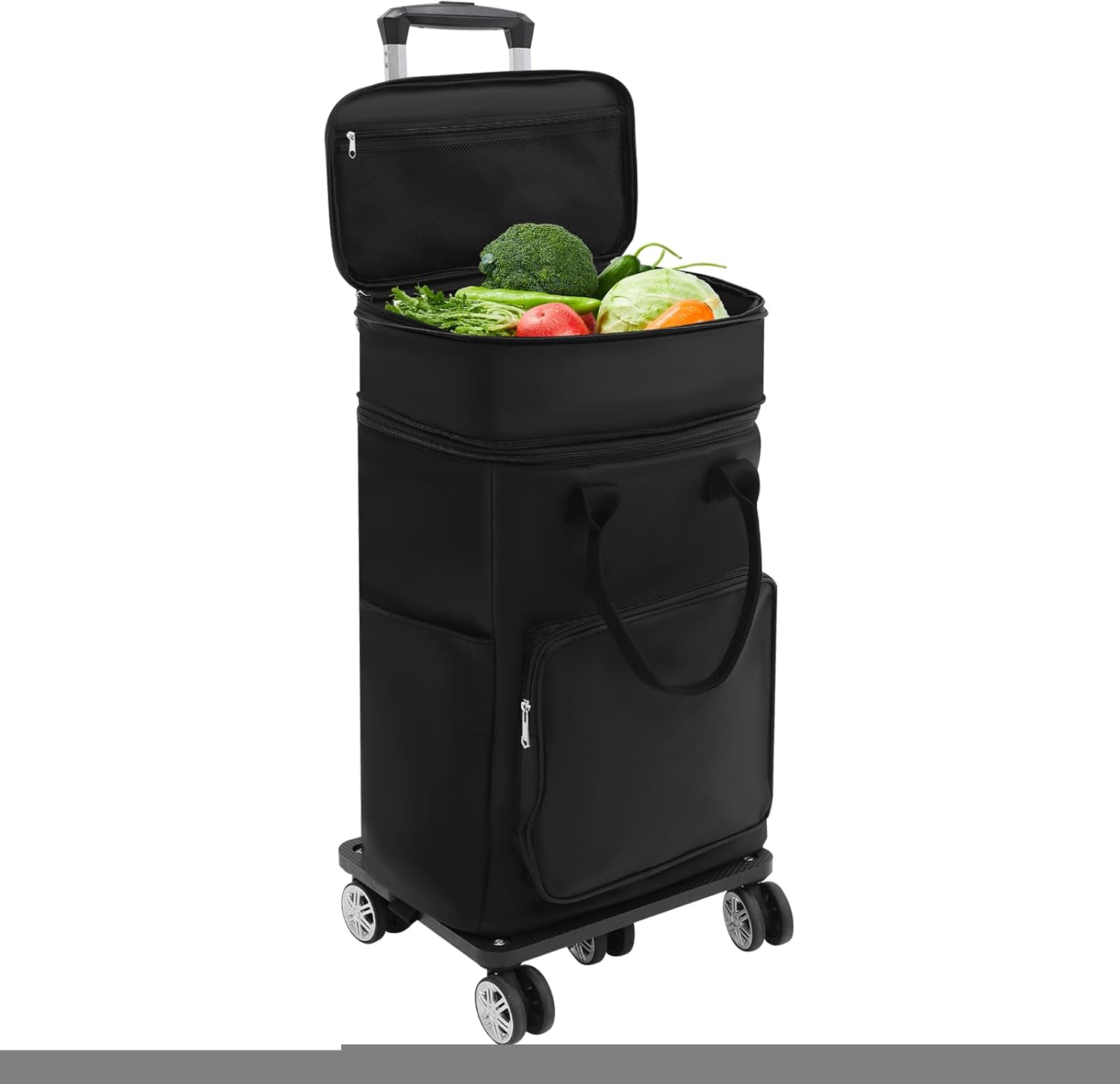 2-in-1 Foldable Shopping Cart with Wheels - 55lbs Heavy-Duty Grocery Utility Dolly, Removable Waterproof Bag & Adjustable 37.8" Handle, 5 TPE Wheels for Stairs, Travel, Apartment, Camping (Black)