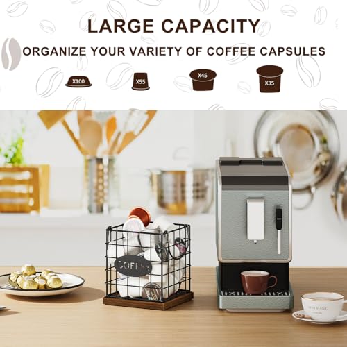 Image of YINMIT K Cup Holder Organizer, Rustic Coffee Pod Holder Organizer, 35 Kcup Holder for Counter with Handle，Large Capacity Black Wire Coffee Capsule Basket for Kitchen Office Desktop (Square Grid)