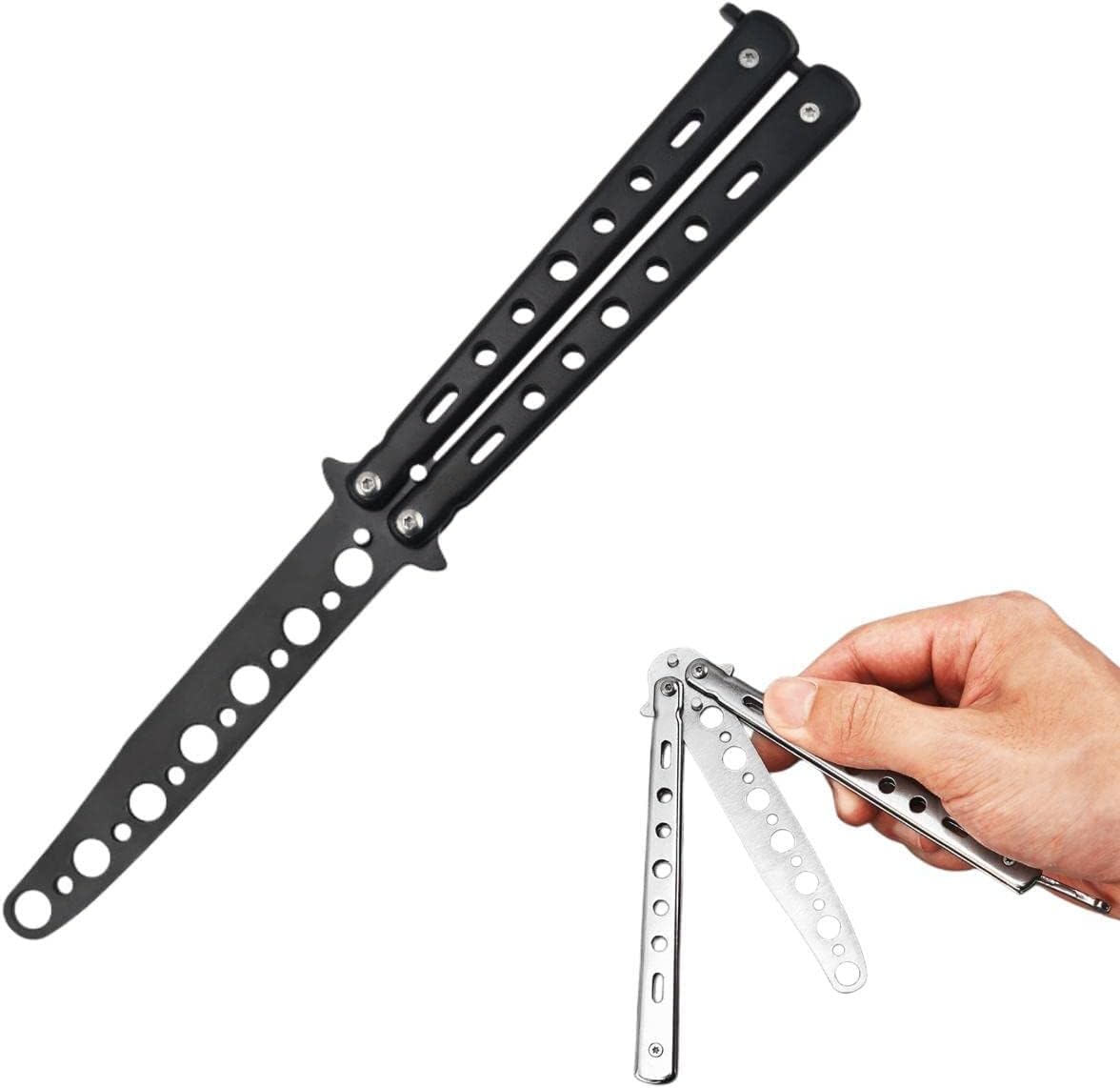 Street27™ Butterfly Knives Trainer with O-Ring Latch for Beginner, Balisong Trainer Multifunctional Tool for Practicing Flipping Tricks, Stainless Steel Pocket Knives Trainer Tool (Black)