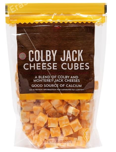 Colby Jack Cheese Cubes , Pre-cubed cheese perfect for platters, melting, or snacking Large, two pound pack , Natural cheese blend of Monterey Jack and cheddar cheeses , Good source of Calcium , Up to 30 servings (4 cubes serving size) 2 pound , 32 oz .