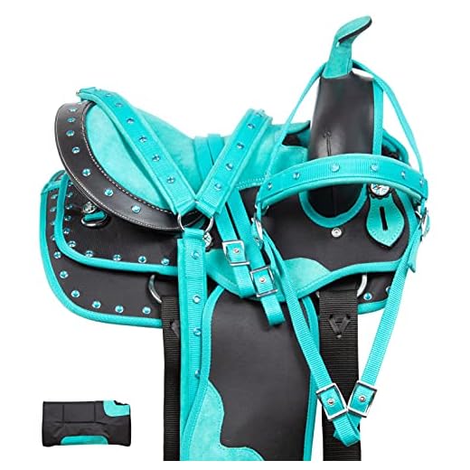 Acerugs 10” 12” 13” Youth Western Horse Pony Saddle TACK Set Kids Barrel Racing Show Trail Crystal Bridle Breastplate REINS PAD (Turquoise, 10)