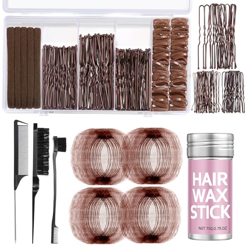Dance Competition Must Haves-Invisible Bun Nets (40Pcs) & U-Pins/Bobby Pins Hair Wax Stick Elastic Ties and Styling Combs&Brushes-Dance Hair Kit for Ballet Wedding Sleek & Neat Hairstyles Dark Brown