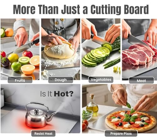 Image of Extra Large 304 Stainless Steel Cutting Board (41x31 cm) with Free 3 Knife Set - Heavy Duty Chopping Board for Meat, Vegetables, Fruits & Kitchen Countertop - Easy to Clean, Rust Resistant & Durable