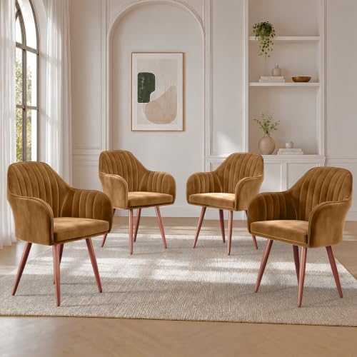 Image of Vergo Plush Velvet Dining Chair, Cushion Seat, Wooden Frame, Metal Legs, Premium Accent Chair for Living Room, Bedroom, Dining Room, Cafe & Restaurant (Set of 4, Light Brown)