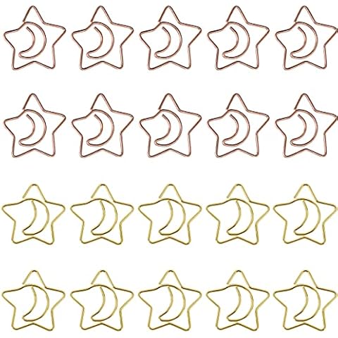 JKJF Moon Star Shape Paper Clip Bookmark Marking Clips Plastic Coated Electroplating Paper Clips for School Office Document File Stationery Organization 20 Pcs - Gold Rose Gold Cover