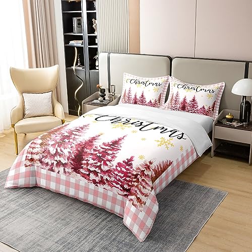 Homewish Xmas 100% Cotton Duvet Cover Single Size Girls Cute Kawaii Bedding Set Pink Christmas Tree Comforter Cover Geometric Lattice Buffalo Golden Snowflake Bed Sets with 1 Pillowcase - Image 3