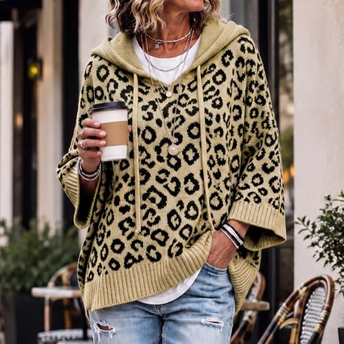 Sweaters for Women Oversized Leopard Print 3/4 Sleeve Hooded Knit Pullover - image 3