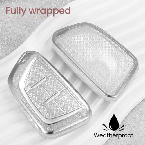 Image of Key Fob Cover for Cadillac escalade, Rhinestone Wristlet, White | Wear-resistant TPU shell, non-stretch rhinestone wristlet, daily splash, scratch and drop protection, normal signal use