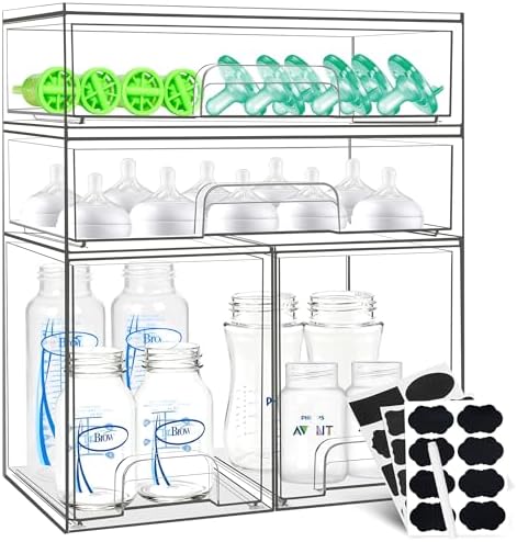 Baby Bottle Organizer, 4 Pack Stackable Storage Drawers with Labe...