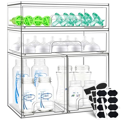 Baby Bottle Organizer, 4 Pack Stackable Storage Drawers with Labels, Clear Station Organizers Container for Pacifiers, Pump Parts, Desk Organizer Bins for Bathroom, Cabinet, Pantry, Vanity, Countertop