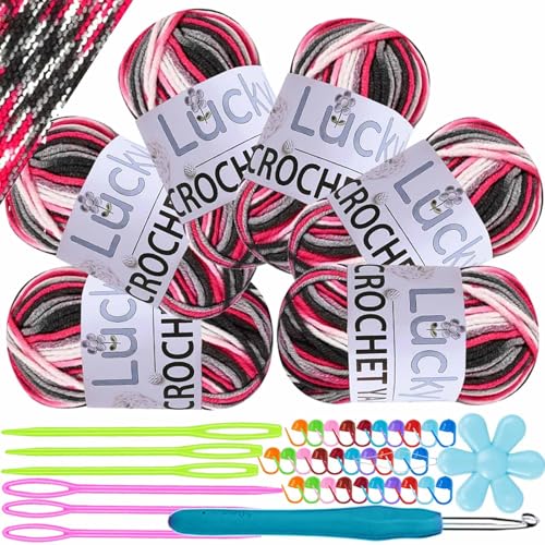 Handstrickgarn, 6x50g Häkelgarn, Bunt Farbverlauf Acrylgarn zum Stricken, Weicher Wolle zum Häkeln, Mehrfarbiges Garn zum Stricken Häkeln und Basteln (Schwarz Weiß Rosa)