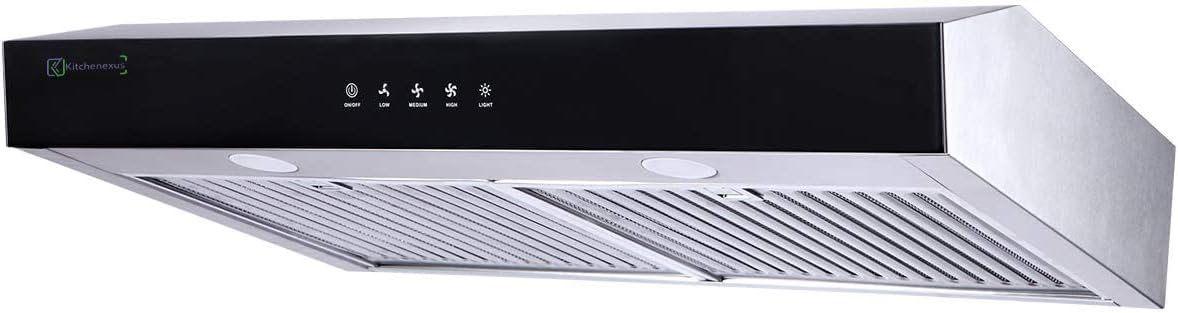 Stainless Steel Range Hood 30 inch KITCHENEXUS Under Cabinet Range Hood Kitchen Ducted/Ductless Convertible Duct with LED Lighting, Reusable Filters and 3 Speed Exhaust Fan, Slim Kitchen Hood Vent