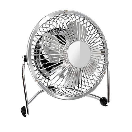 GLAMOURIC - Mini Ventilador USB de Oficina - Ventilador Metálico Pequeño y Silencioso con Rotación 360º, Su Recirculador Personal de Aire para Viaje, Estudio, Trabajo, Casa (Color Cromado)