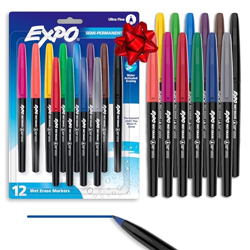 EXPO Wet Erase Markers, Semi-Permanent, Assorted Colors, Ultra Fine Tip, 12 Count - For Writing on Glass, Whiteboards, Mirrors, Calendar, Labeling, Organizing