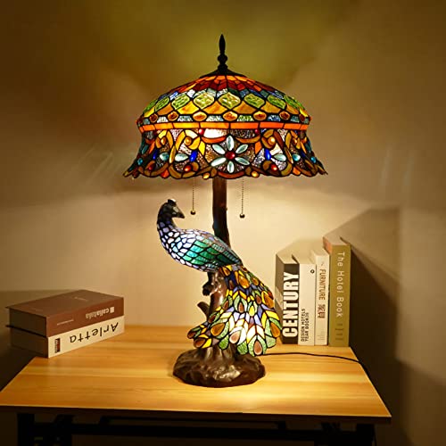 Baroque Tiffany Style Peacock Table Lights 18-Inch Stained Glass Reading Lamp Mediterranean 5-Lights Bedside Lights Best Gifts for Living Room Bedroom Cafe Bar, E27*3+E14*2,B Baroque Tiffany Style Peacock Table Lights 18-Inch Stained Glass Reading Lamp Mediterranean 5-Lights Bedside Lights Best Gifts for Living Room Bedroom Cafe Bar, E27*3+E14*2,B
