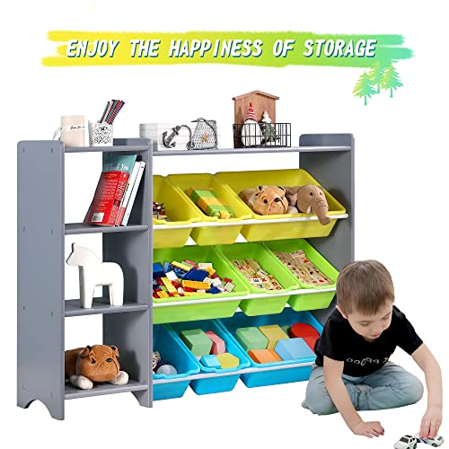 Mallbest 4-Tier Kids' Toy Storage Organizer Shelf - 100% Solid Wood,Children's Storage Cabinet With 9 Plastic Bins And And 3 Storage Ports (Grey) #TOP5