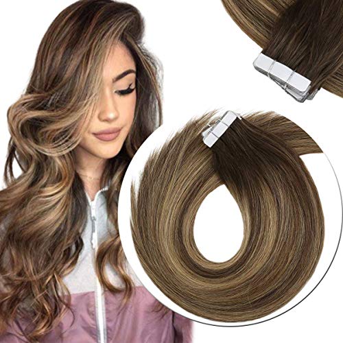 Sunny 40pcs 100g 16inch Tape in Colored Hair Extensions Dark Brown Fade to Honey Blonde Balayage Double Weft Tape in Hair Extensions Real Human Hair