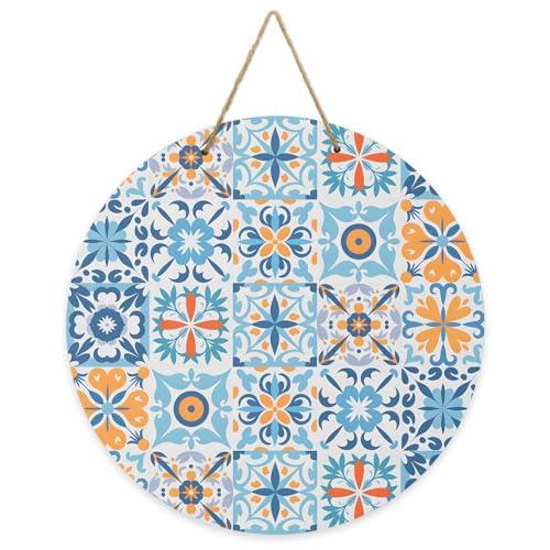 Welcome Sign for Front Door Porch Decor, Blue Mediterranean Round Wooden Hanging Farmhouse Wreath Wall Decor, Vintage Moroccan Tiles Texture Housewarming Gift for Home Outdoor Indoor 10 in
