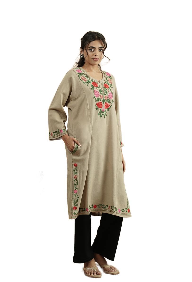 Traditional Kashmiri Pheran, Loose Kurta with Colorful Floral Aari Embroidery, Long Sleeve Winter Wear-image-25