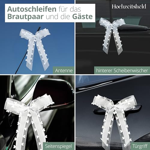 HOCHZEITSHELD Autoschleifen Hochzeit Weiß (50 Stück) – Eleganter Autoschmuck Hochzeit für Brautauto - Hochzeitsdeko Auto für Spiegel, Türgriff & Antenne - Deko Hochzeit für Tisch, Kirche & Standesamt