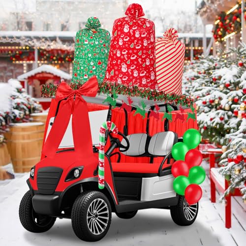Soulchen 71 Pcs Christmas Golf Cart Decorations Xmas Gift Themed Decor Kit Jumbo Plastic Christmas Drawstring Gift Bags Balloons Tinsel Garlands Glitter Elk Banner Giant Bow for Golf Cart Supplies