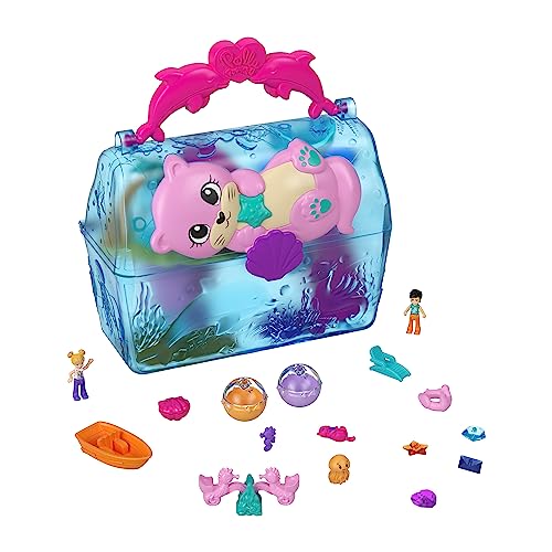 Polly Pocket Sparkle Cove Adventure Playset & 2 Micro Dolls, Island Treasure Chest Carry Case, 4 Animals & Accessories, HPV40