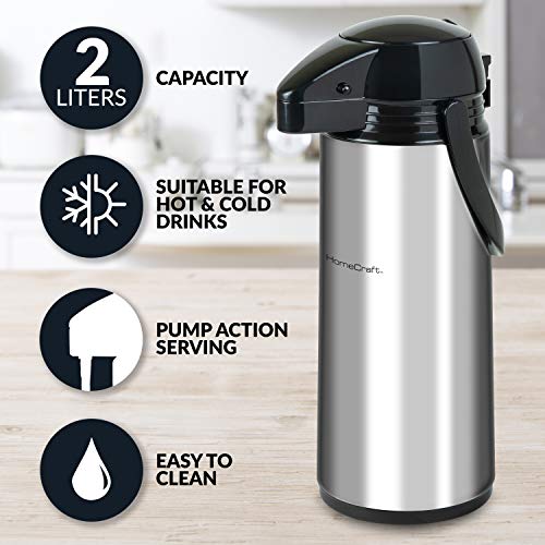 HomeCraft HCCAP2SS 2-Liter Stainless Steel Thermal Airpot Coffee Carafe Easy Push Button Dispenser, Perfect For Hot and Iced Drinks, Water, Tea