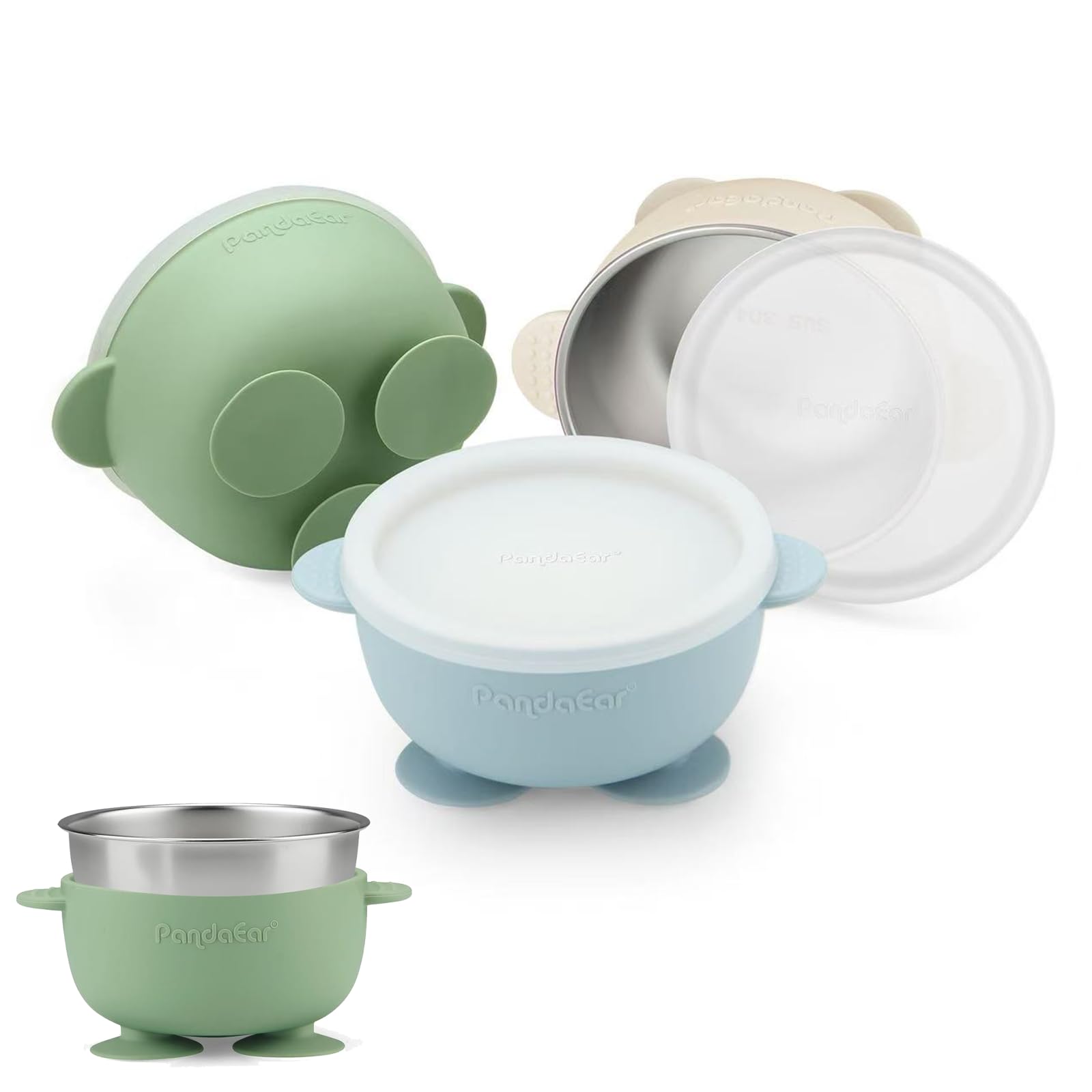 PandaEar 3er Edelstahl Baby Schüsseln mit Saugnapf und Deckel– Breischale für Babybrei & Porridge, Rutschfeste Babyschüsseln mit Silikonhülle, Unzerbrechlich BPA-frei, Kinderschüssel ab 6 Monaten