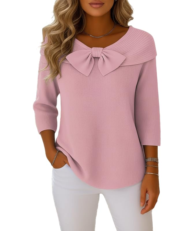 Cute Sweaters for Women Cropped Boat Neck Knitted Long Sleeve Pullover Bow Sweater Casual Soft Solid Jumper Tops
