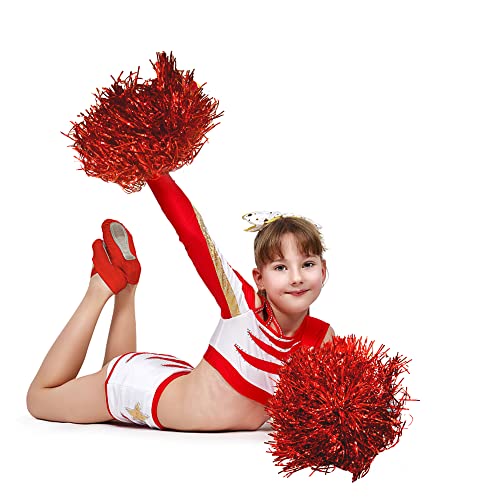PPXMEEUDC 24PCS Cheerleading Pom Poms Metallic Foil Plastic Pom Poms with Baton Handle for Game Sports Squads Dancing Party Football Basketball Club Spirit Sports Stage Performance Celebration (red)
