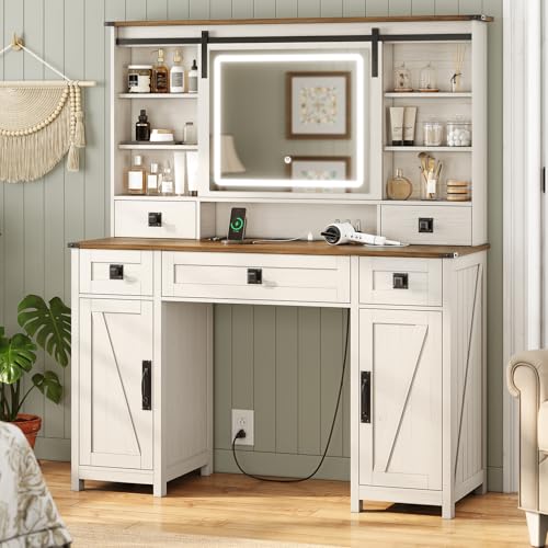Image of AOGLLATI Farmhouse Makeup Vanity Desk with Lights & Charging Station,Vanity Desk with Mirror and Lights, 47.2 inch Large Brown Vanity Table with Ample Storage Space and Sliding Mirror (Antique White)