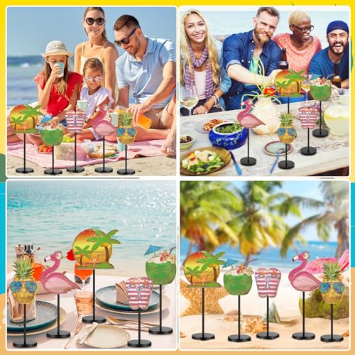 Image of Yousoontic 5 Pcs Summer Beach Table Decor Tropical Hawaii Centerpiece for Table Summer Flamingos Wooden Sign Pineapple Coconut Tiered Tray Decor for Home Kitchen Fireplace Mantel Shelf