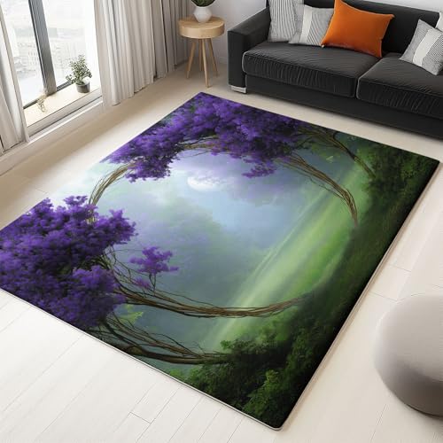 Alfombra Púrpura Decorativa de Pelo Corto 180 x 240 cm, Fantasía Flores Lila Alfombra Antideslizante para Dormitorio - Resistente a Las Manchas