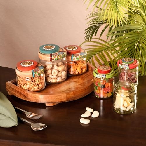 Image of AAKRITI ART CREATIONS Rainbow Pickle Jars with Handcrafted Wood Lids in Round Tray | Warli Art Colorful Glass Jar Set for Kitchen and Dining | Glossy Finish Airtight Storage Jars